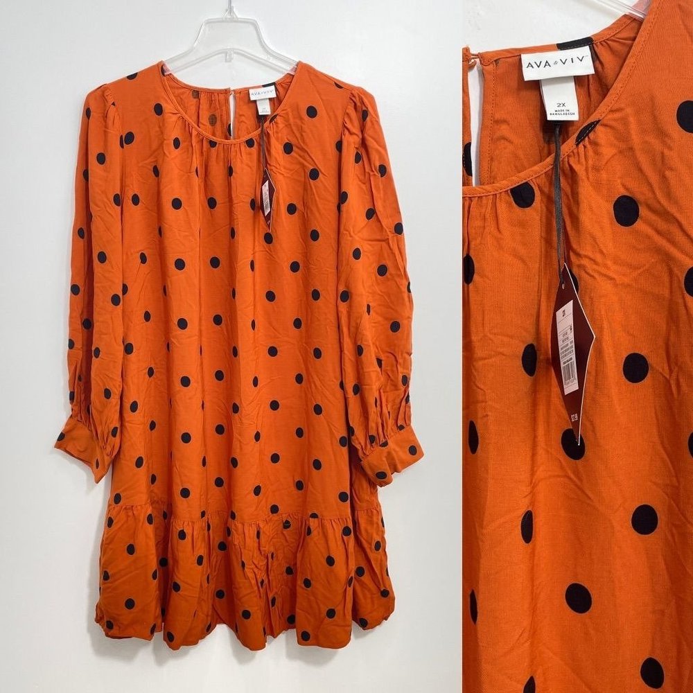 Ava & Viv Women's Dress 2X Polka Dot Midi Ruffle Hem Long Sleeve Plus Size New